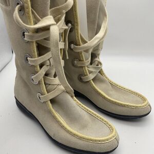 Cole Haan Women's Ivory Suede‎ Boots Fur Lined Waterproof Lace-Up Mid-Calf 6.5B